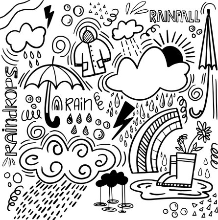 Doodle illustration of rain. Sketch of rainy weather. Autumn doodle set.のイラスト素材