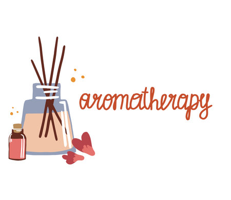 Aromatherapy. Aroma diffuser, essential oil. Wooden Aroma Sticks with letteringのイラスト素材