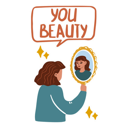 The woman looks at herself in the mirror. A woman who is satisfied and loves herself. Healthy self-awareness, self-esteem illustration.のイラスト素材