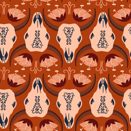 Vector seamless pattern with bull skulls and flowers.のイラスト素材