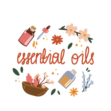 Vector illustration of essential oil. Bottles of oil and ingredients for relaxation, aromatherapy and massage.のイラスト素材