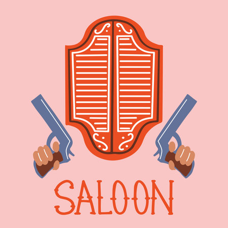Vector illustration for a western saloon with hands holding pistols. Decorative illustration on the theme of the Wild West.のイラスト素材
