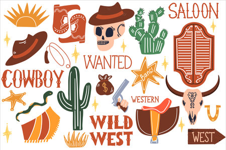 The set of vector illustrations of the wild West. Pictures of a western and a cowboy in a cartoon style.のイラスト素材