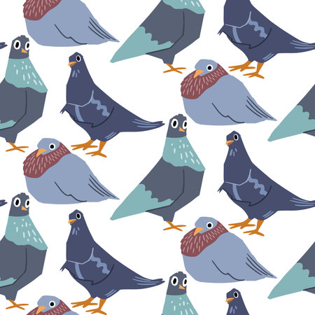 Seamless pattern with the image of pigeons. A variety of dave in different poses. Vector illustration.のイラスト素材