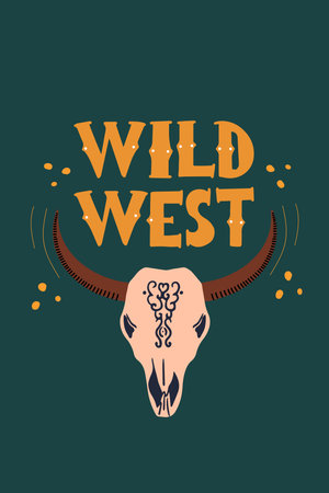 Wild west poster with cow skull and inscription. Vector illustration on the theme of a western.のイラスト素材