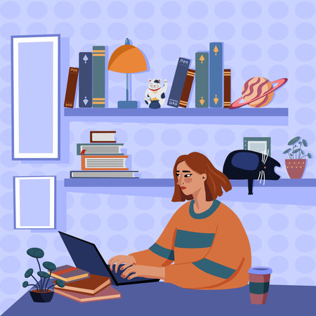 Vector illustrations - the concept of online work at home. The woman at the computer.のイラスト素材