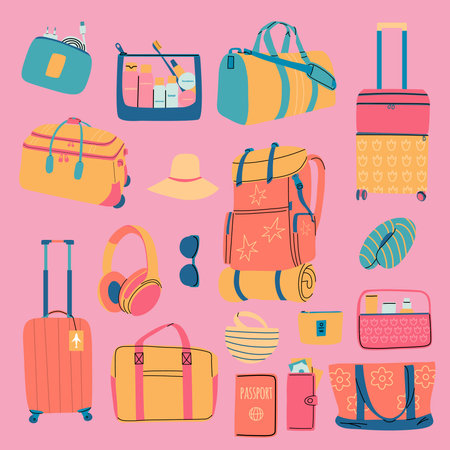 A set of travel accessories for recreation. Various luggage bags, suitcases, cosmetics, clothes. Icons of traveling abroad. A set of things for a comfortable trip on board the plane.のイラスト素材