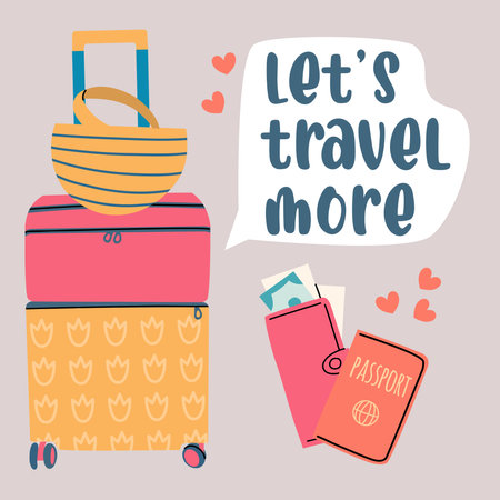 Illustration of the journey. Luggage, passport and wallet. Travel around the world. A message in a bubble.のイラスト素材