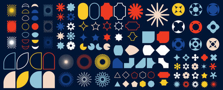 Brutalist abstract geometric shapes and grids. Brutal contemporary figure star oval spiral flower and other primitive elements. Swiss design aesthetic.のイラスト素材