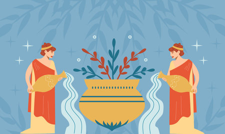 Women of ancient Greece with vases and a plant. The mythology of ancient Greece and Rome. vector...
