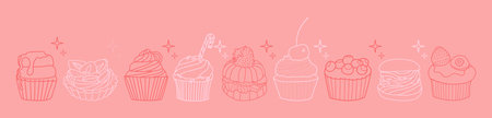 A set of various cakes, muffins and cupcakes offline. Minimalism, one continuous line, sketch,...