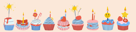 A set of cupcakes and cakes with candles. birthday celebration.のイラスト素材