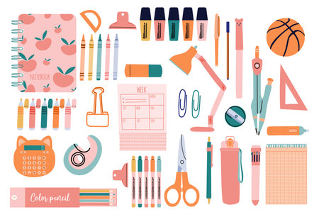 A set of school stationery and supplies in cartoon style. The contents of the student's backpack. Accessories for a workspace in styleのイラスト素材