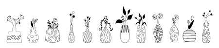 Set of transparent different vases with flowers. Stylized vector outline illustration isolated on white background. Hand drawn doodle sketch wildflowers. vector illustrationのイラスト素材