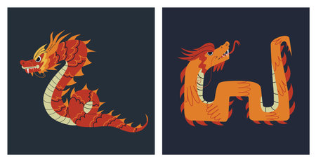 Two Asian dragons. Chinese or Japanese oriental style. An isolated illustration.のイラスト素材