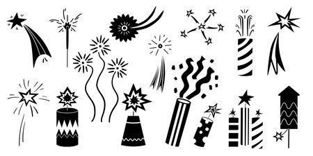 A set of silhouettes of fireworks, rockets, firecrackers. Celebration.のイラスト素材