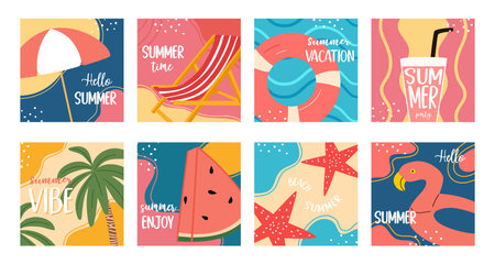 Set of abstract banner. Beach summer background, vacation poster.