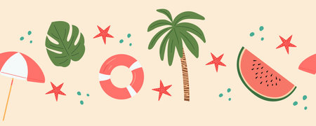 Summer horizontal seamless border. Beach banner with palm, umbrella and rubber ring.