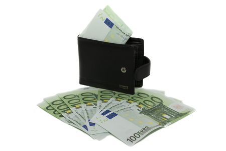 black wallet with cash bills in euros isolated on whiteの写真素材