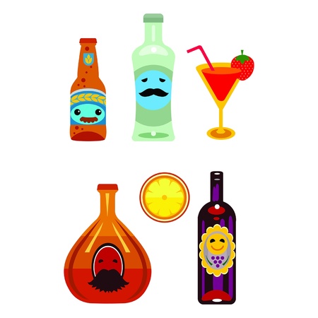 Alcohol icons set. Contains beer, rum, cognac, vine, coctail, lemonのイラスト素材