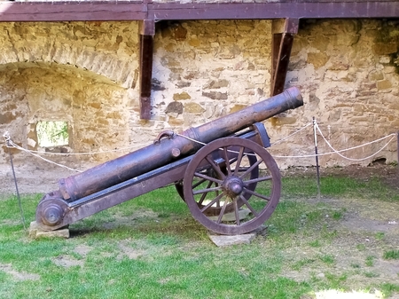 Picture time visiting the castle, shows fortifications and defensive walls down in distant pastのeditorial素材