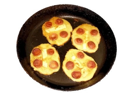 Food preparation of potato dough sausage and cheese added garlic and distinctive flavorの写真素材