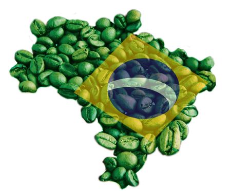 Silhouette of Brazil over a background full of coffee beansの写真素材