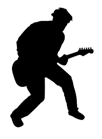 Black silhouette of a playing guitarist, on white backgroundの写真素材