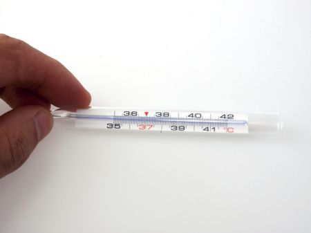 Male hand holding a medical thermometer over white
