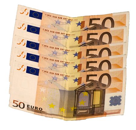 Five banknotes of fifty euros on white backgroundの写真素材
