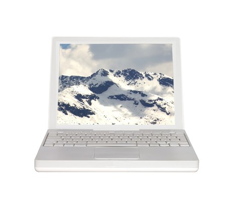 White laptop, with black screen, over whiteの写真素材