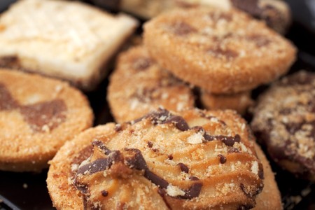 Close up of various types of biscuits, part chocolate