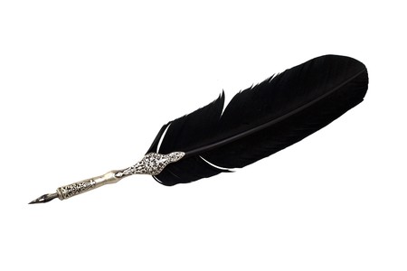 Ancient black feather for writing, over white backgroundの写真素材