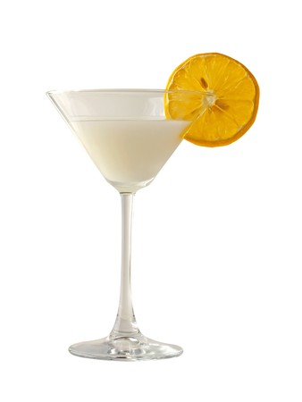 Italian dessert "sorbetto" with slice of lemon, in an elegant glass, isolated over whiteの写真素材