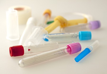 Test tubes, tourniquet, butterfly needle and other medical equipmentの写真素材