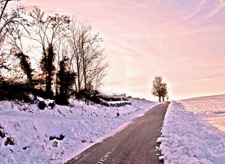 Snow landscape with pink colors of the sunsetの写真素材
