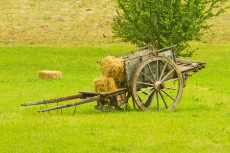 Little barrow with bales of hay in a green grass fieldの写真素材