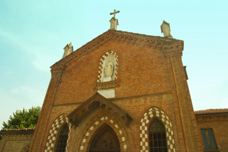 High part of faÃ§ade of romanic church in Villa San Secondo, Italyの写真素材