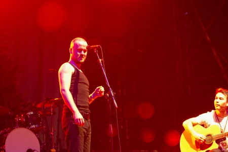 VIGEVANO, ITALY - July 23: Maverick Sabre sings before the James Morrison exhibition inside the Vigevano Castle, July 23, 2012 in Vigevano, Italyのeditorial素材