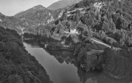 Little lake between the mountains, black and whiteの写真素材
