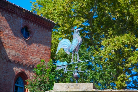 A rooster wheatervane on top of a wallの写真素材