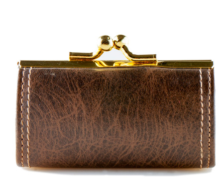 Brown leather purse isolated over white backgroundの写真素材