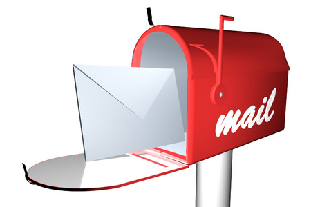 Red mail box with white envelope, 3d renderの写真素材