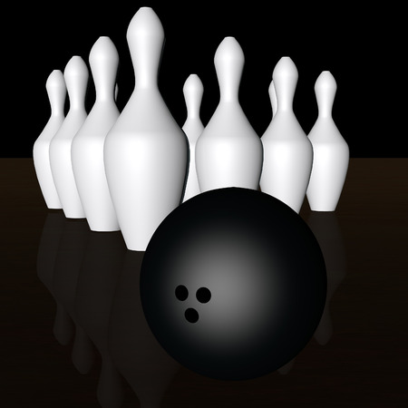 Bowling ball and skittles over reflecting wood, 3d renderの写真素材