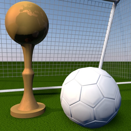 Golden cup near a football, over football field, 3d renderの写真素材