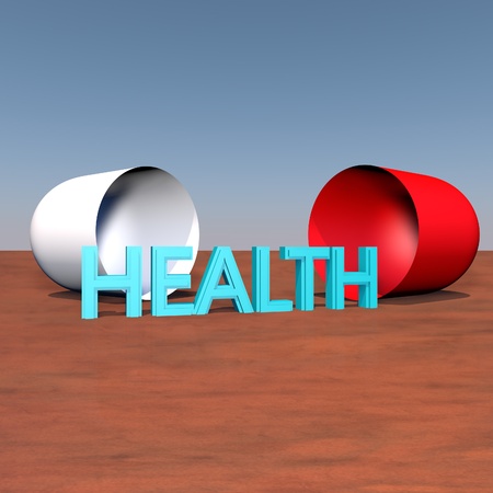 Word health coming out of a pill, 3d render