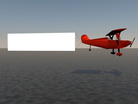 Red biplane with white banner, 3d renderの写真素材