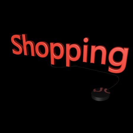 Shopping word with mouse linked, isolated over black, 3d renderの写真素材