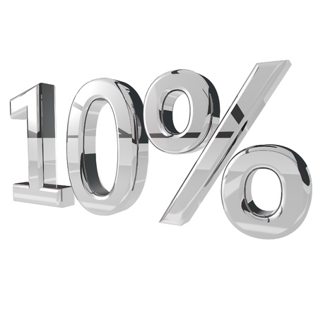 10% in silver metal, isolated over white, 3d render