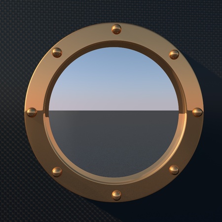 Porthole over sea landscape, square image, 3d renderの写真素材